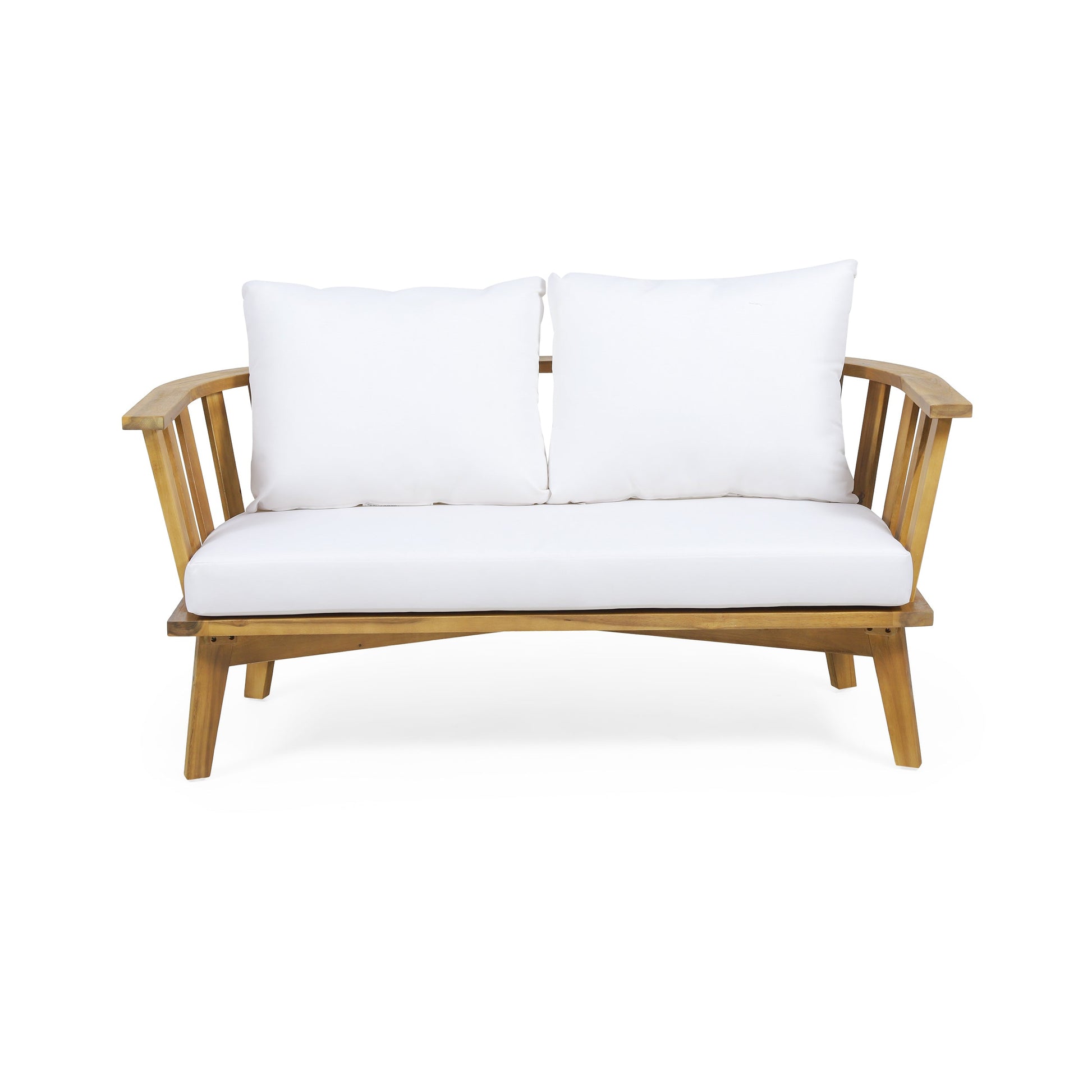 2-Person outdoor acacia wood patio seating set with white cushions and coffee table on Tampa Home & Garden Store