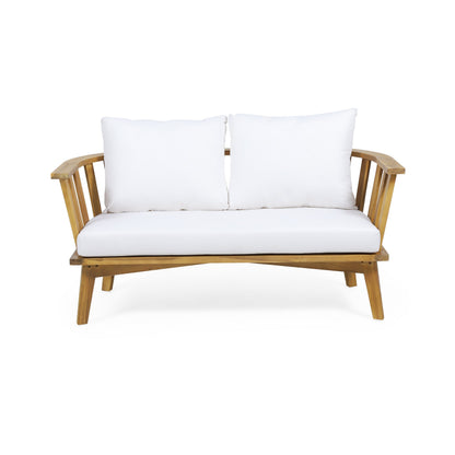 2-Person outdoor acacia wood patio seating set with white cushions and coffee table on Tampa Home & Garden Store