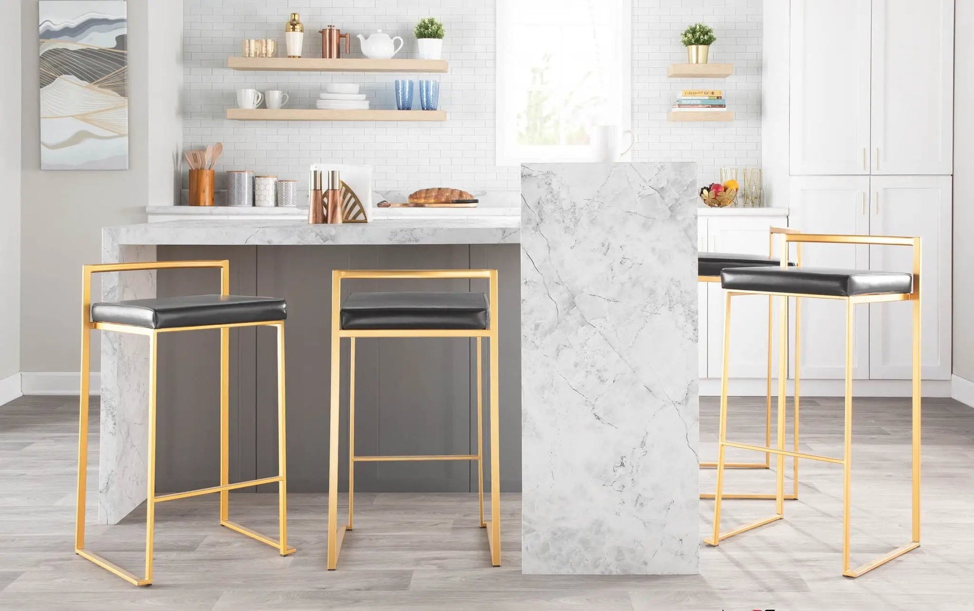 Fuji Contemporary Bar Stool set of 3 with gold frames and black leather seats on marble island on Tampa Home & Garden Store