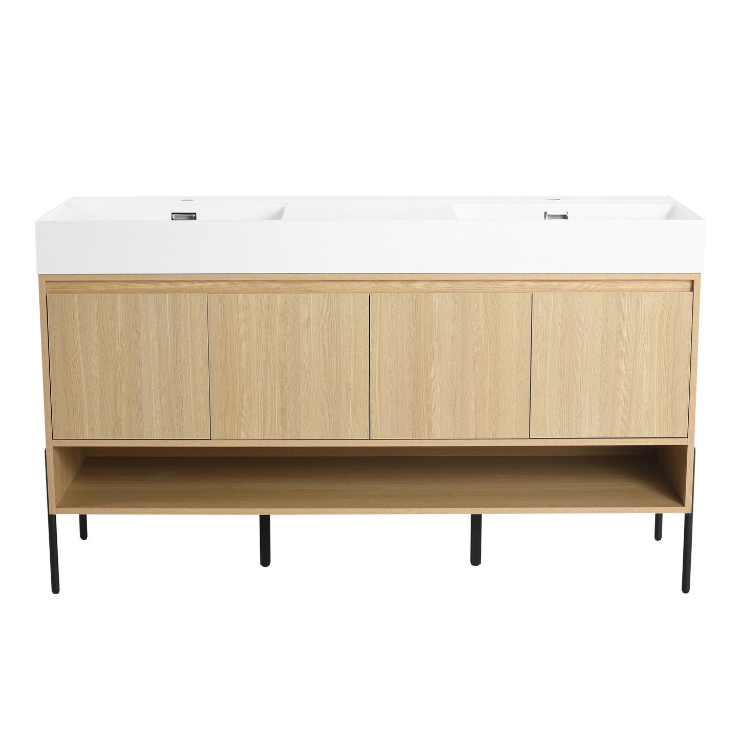 Modern bathroom vanity with white countertop, single resin sink, natural oak cabinet on Tampa Home & Garden Store