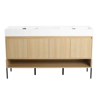 Modern bathroom vanity with white countertop, single resin sink, natural oak cabinet on Tampa Home & Garden Store
