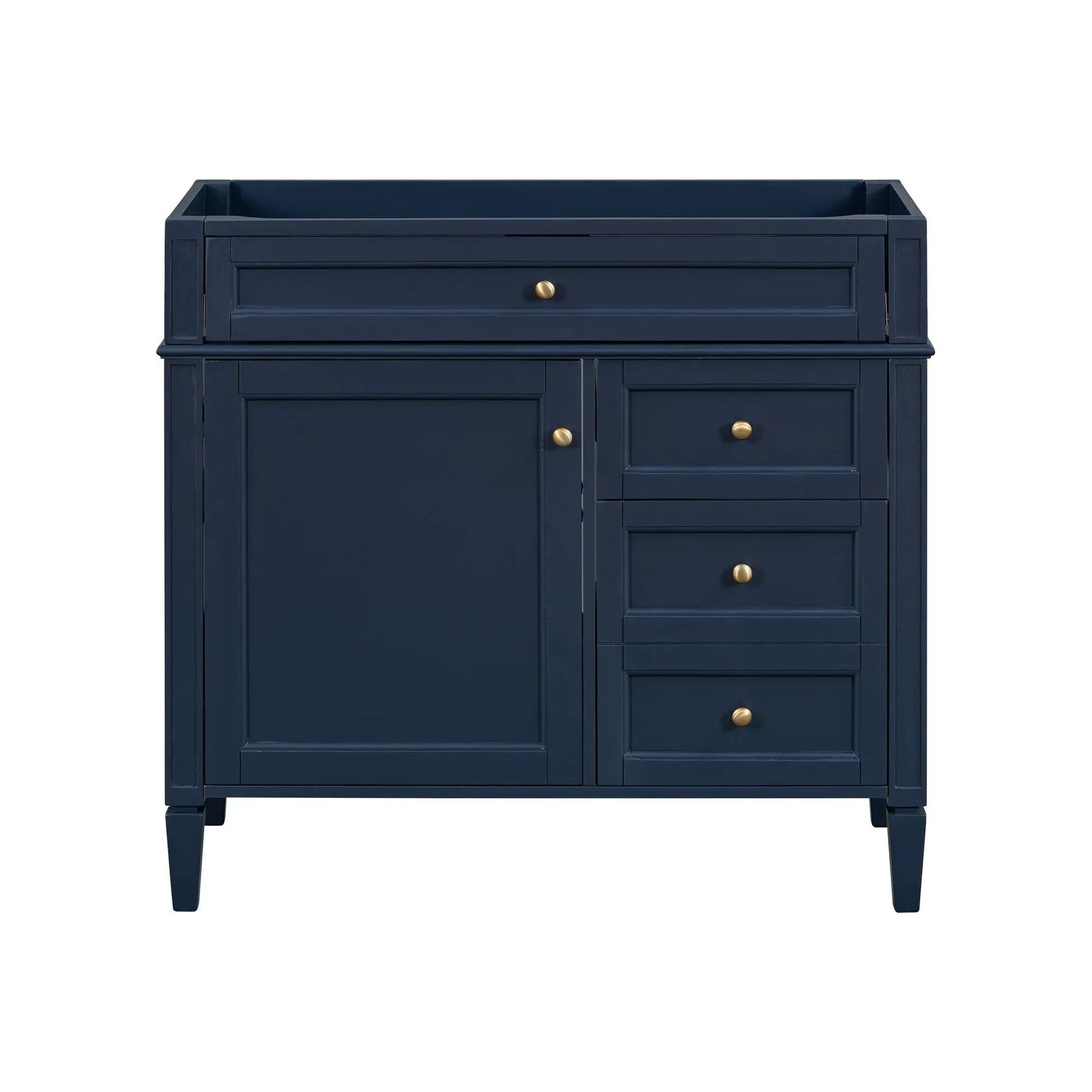 Navy bathroom vanity base with brass knobs, 2 drawers and doors Unique Piece Furniture on Tampa Home & Garden Store