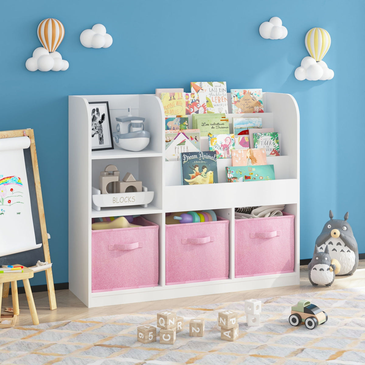 Bookcase and Bookshelf with 3 pink collapsible drawers in white unit by HouseOfZazla on Tampa Home & Garden Store