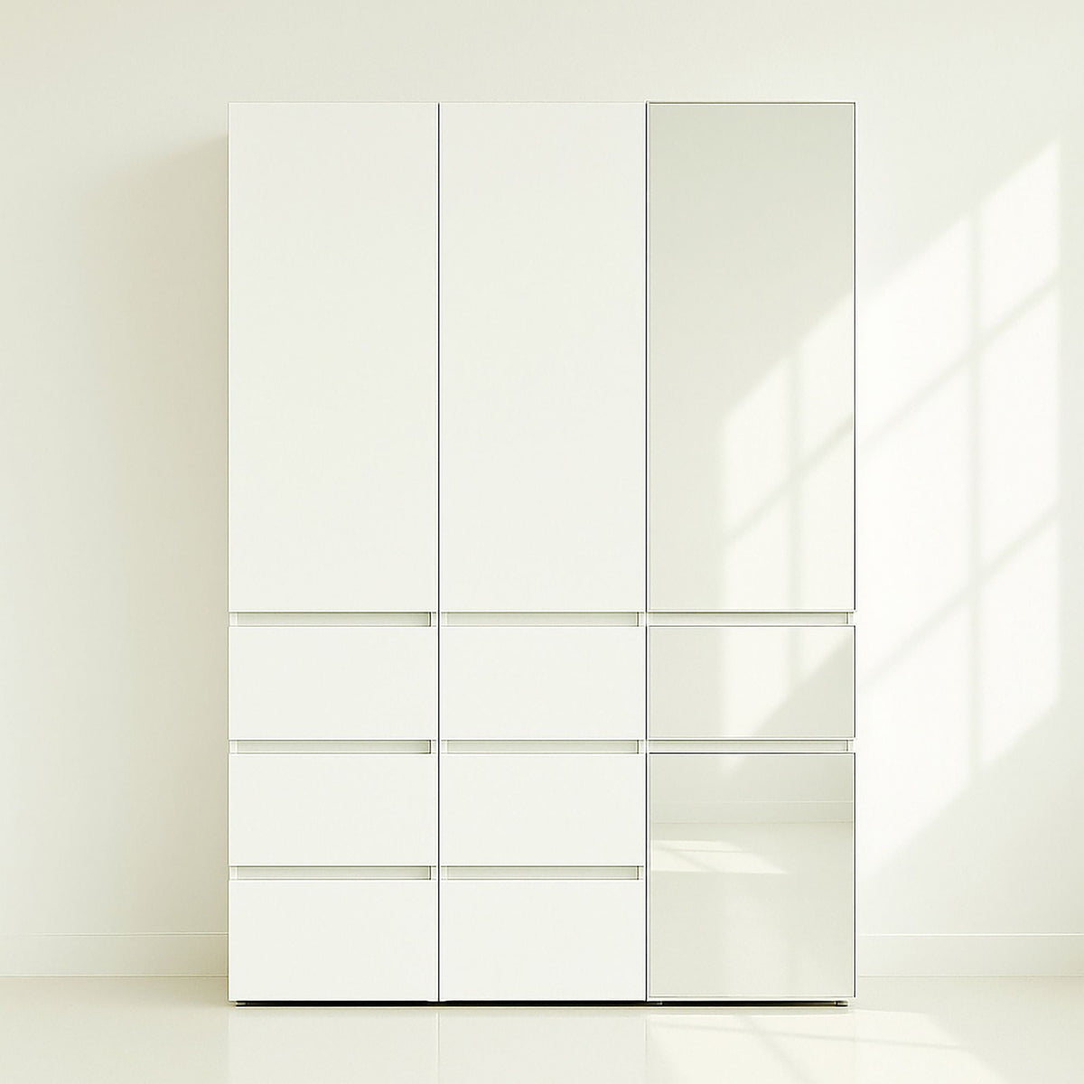 Slim modular closet cabinet with mirror panel in white, triple wardrobe configuration on Tampa Home & Garden Store