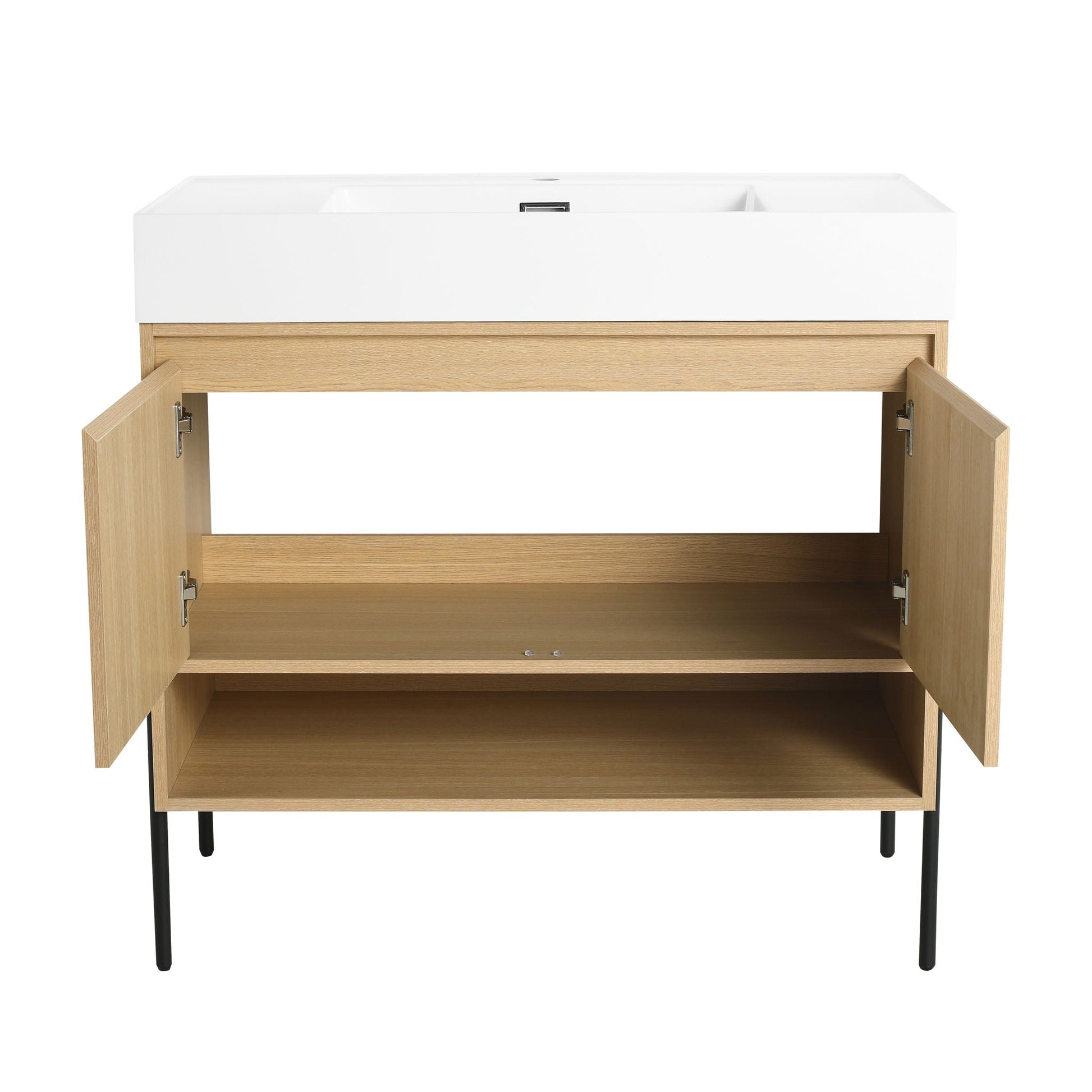 Modern bathroom vanity with a single white resin sink on natural wood storage cabinet on Tampa Home & Garden Store