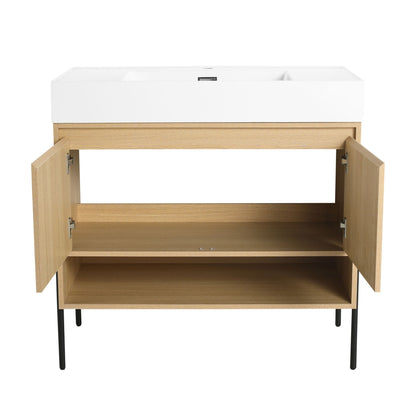 Modern bathroom vanity with a single white resin sink on natural wood storage cabinet on Tampa Home & Garden Store