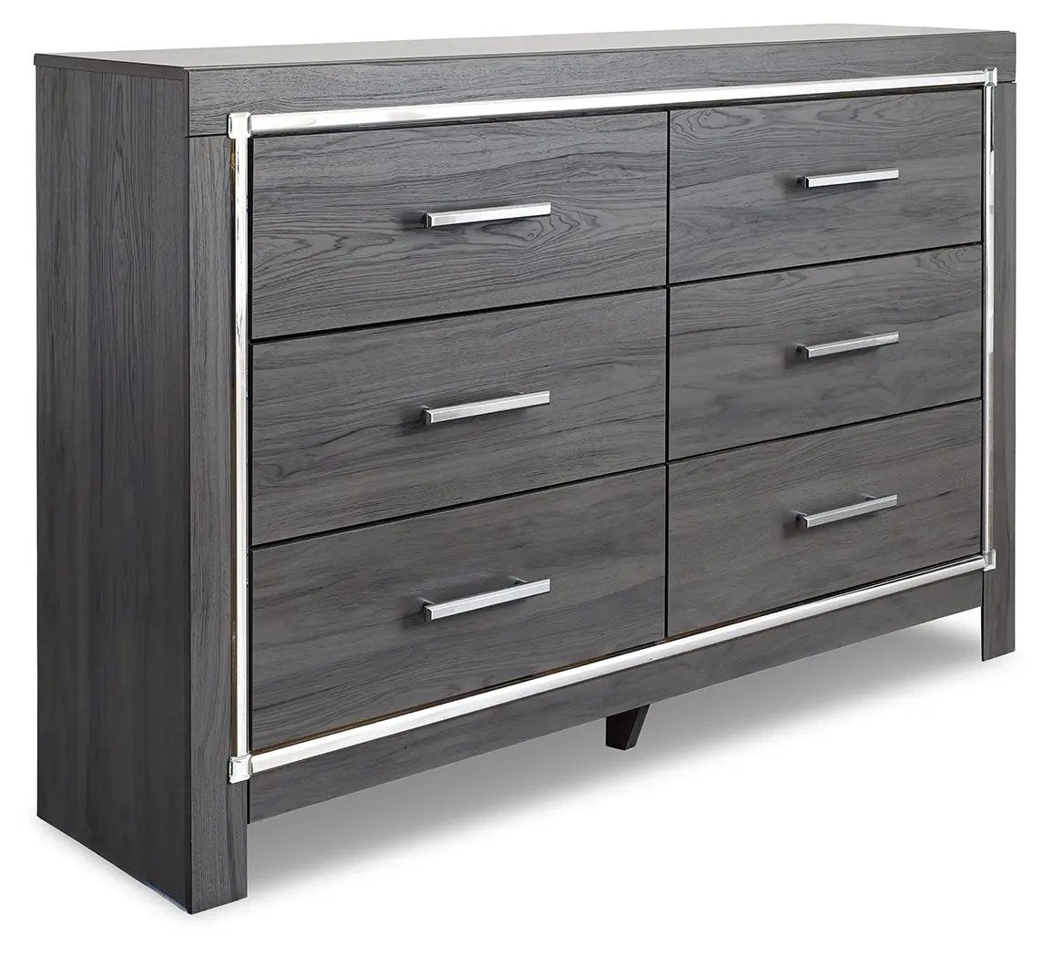 Lodanna six-drawer dresser in dark gray wood with silver handles and chrome trim on Tampa Home & Garden Store