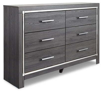 Lodanna six-drawer dresser in dark gray wood with silver handles and chrome trim on Tampa Home & Garden Store
