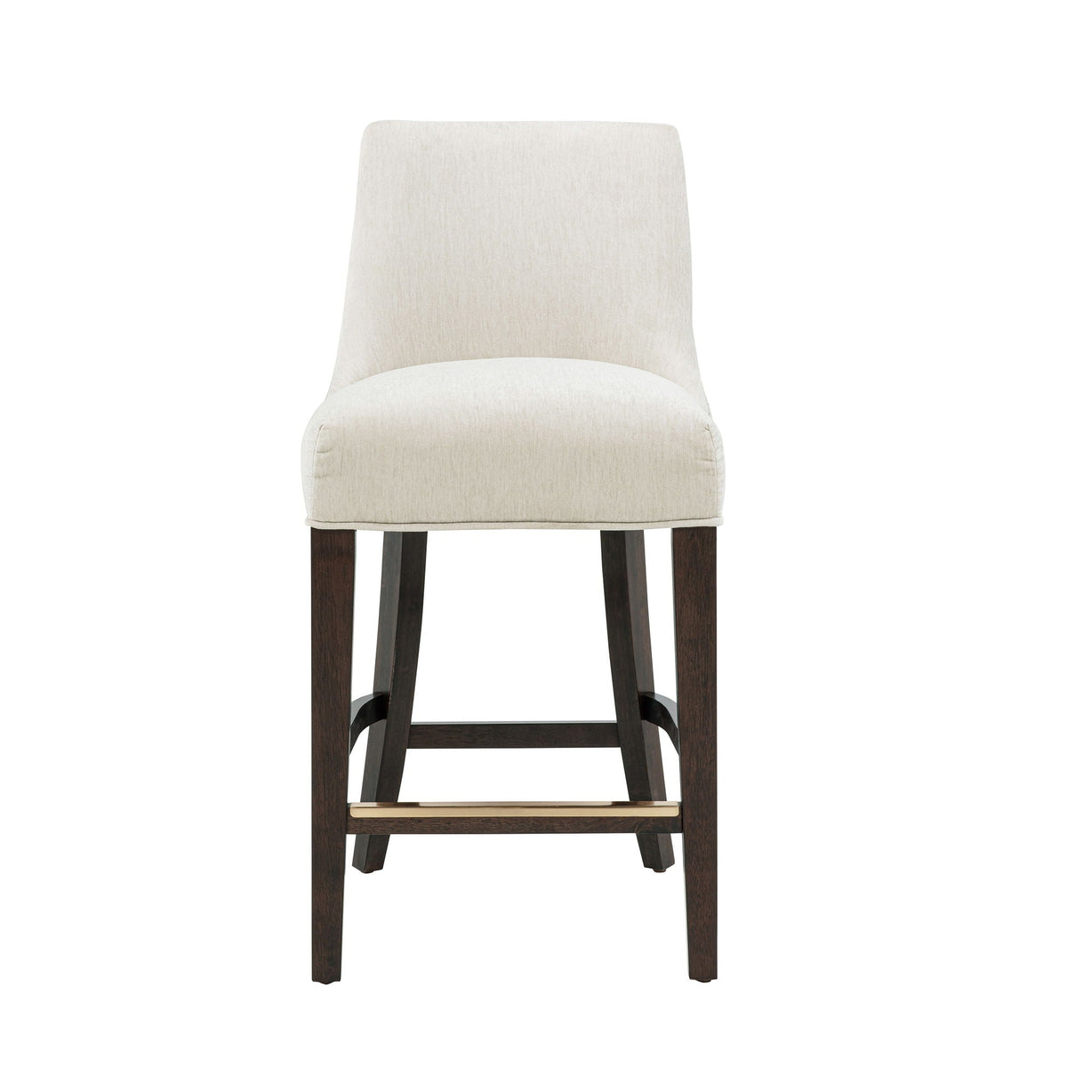 HouseOfZazla upholstered counter stool beige fabric with backrest, dark wood legs, gold footrest on Tampa Home & Garden Store
