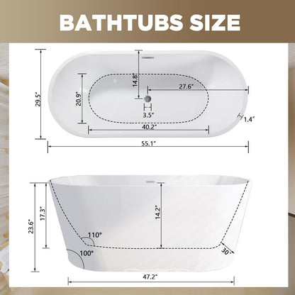 Glossy freestanding bathtub by HouseOfZazla with toe-tap drain, white finish, size diagram on Tampa Home & Garden Store
