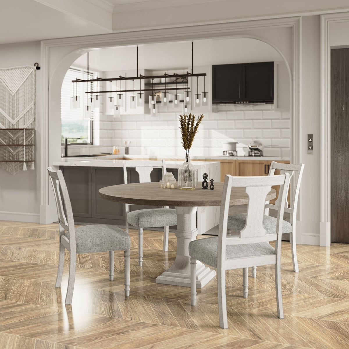 Round 5-piece dining table set with pedestal base in white gray; 4 chairs HouseOfZazla on Tampa Home & Garden Store