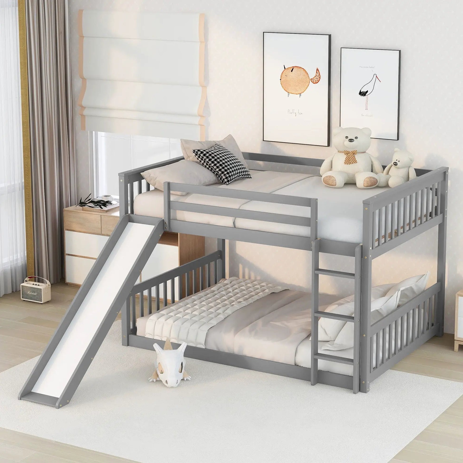 Bunk Bed With Slide And Ladder gray wooden frame, two-level bunk bed with built-in slide on Tampa Home & Garden Store