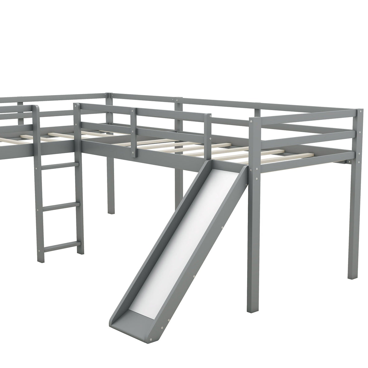 L Shaped Loft Bed with Ladder and Slide, gray metal frame, guard rails on Tampa Home & Garden Store