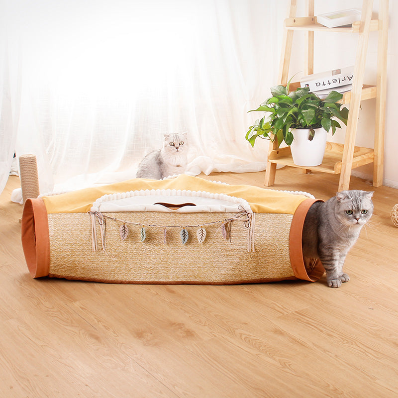 Four Seasons Universal Cat Tunnel Cat Bed beige woven fabric orange ends two cats explore on Tampa Home & Garden Store