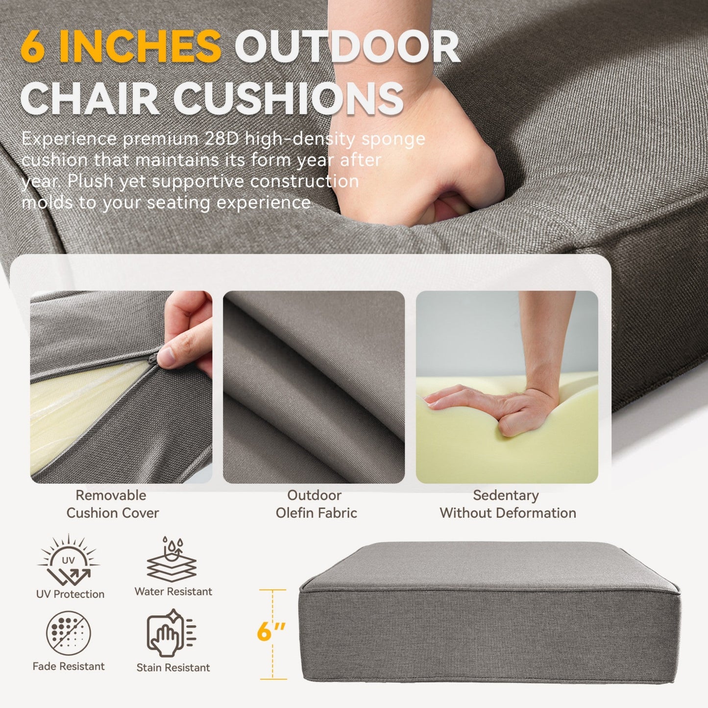 6in Thick Outdoor Chair Cushion Set gray by HouseOfZazla with removable cover on Tampa Home & Garden Store