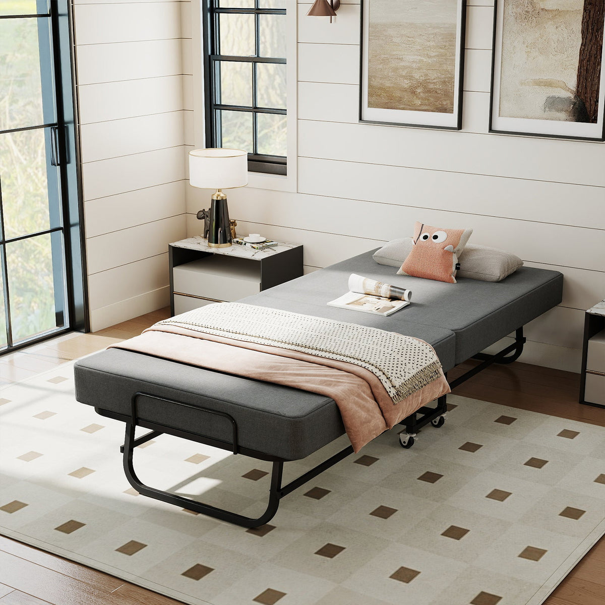 75-inch folding bed with memory foam mattress, gray mattress on black metal frame with wheels on Tampa Home & Garden Store
