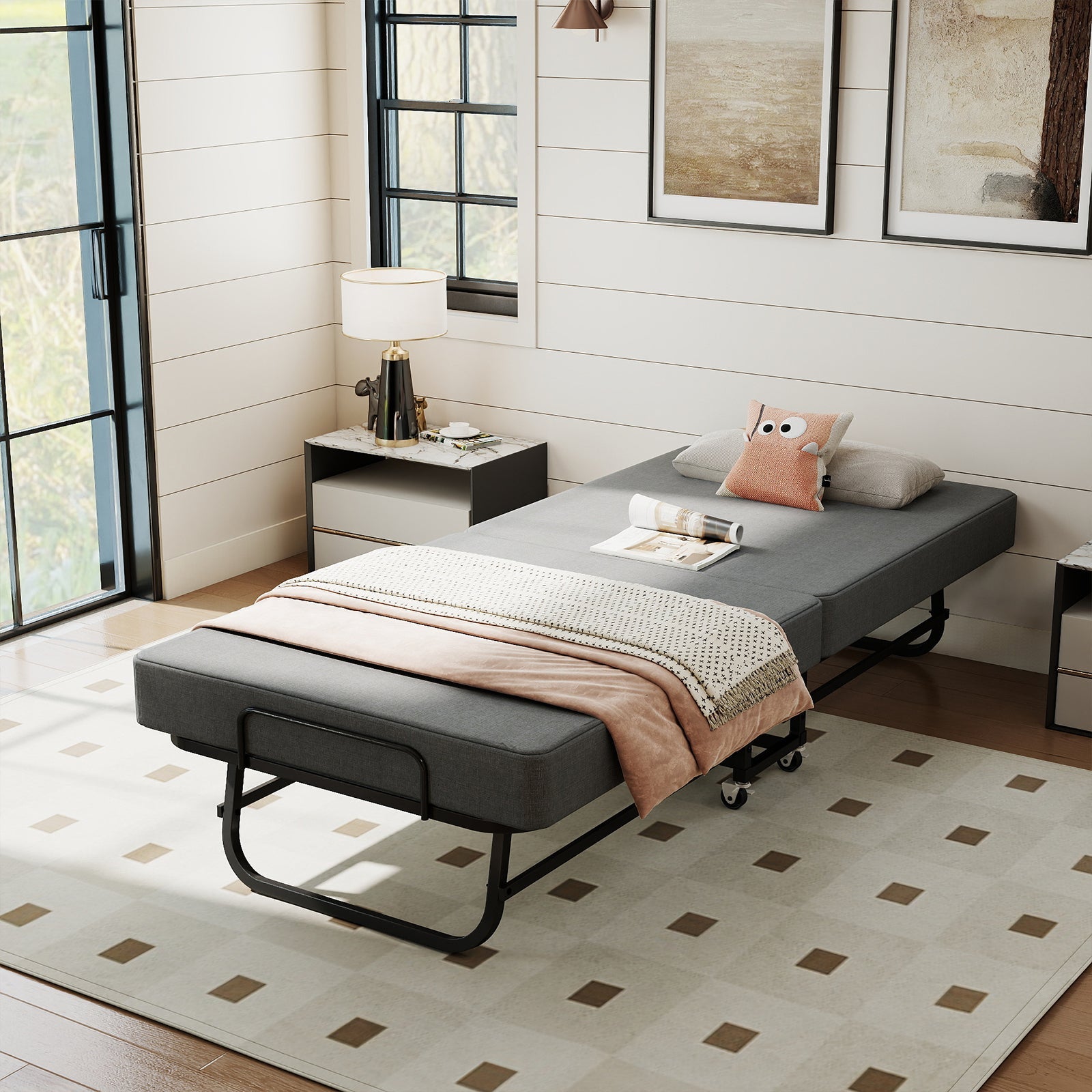 75-inch folding bed with memory foam mattress, gray mattress on black metal frame with wheels on Tampa Home & Garden Store