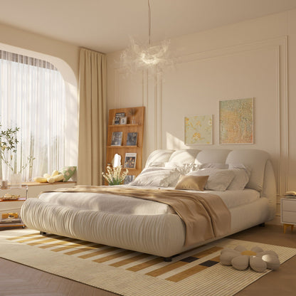Upholstered platform bed with oversized padded backrest in beige fabric and solid wood frame on Tampa Home & Garden Store
