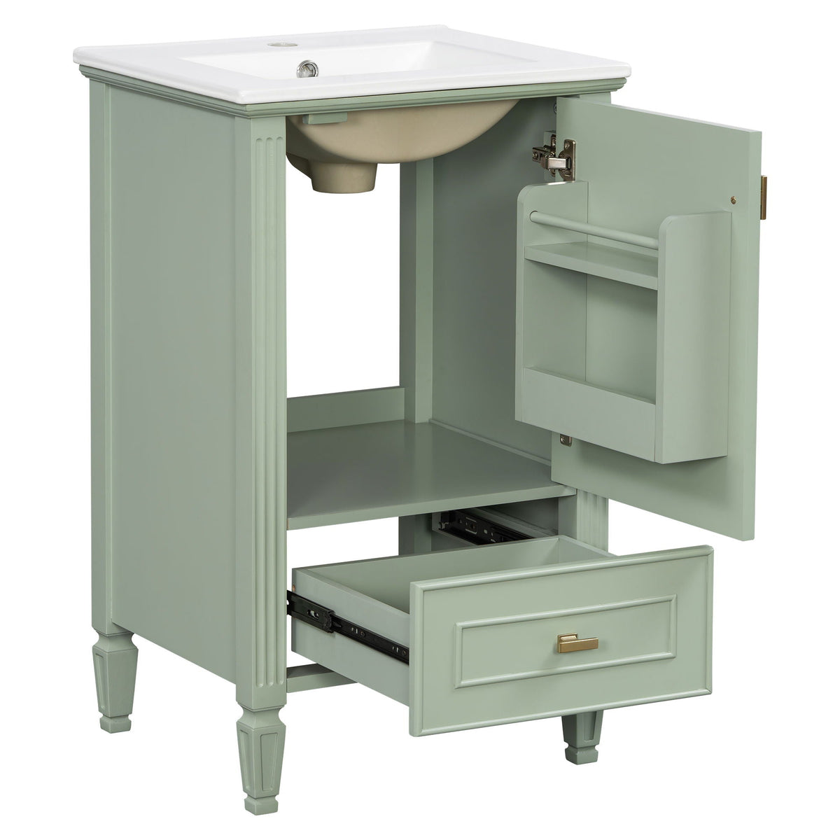 Retro bathroom vanity with sink in sage green by HouseOfZazla with soft-close doors on Tampa Home & Garden Store