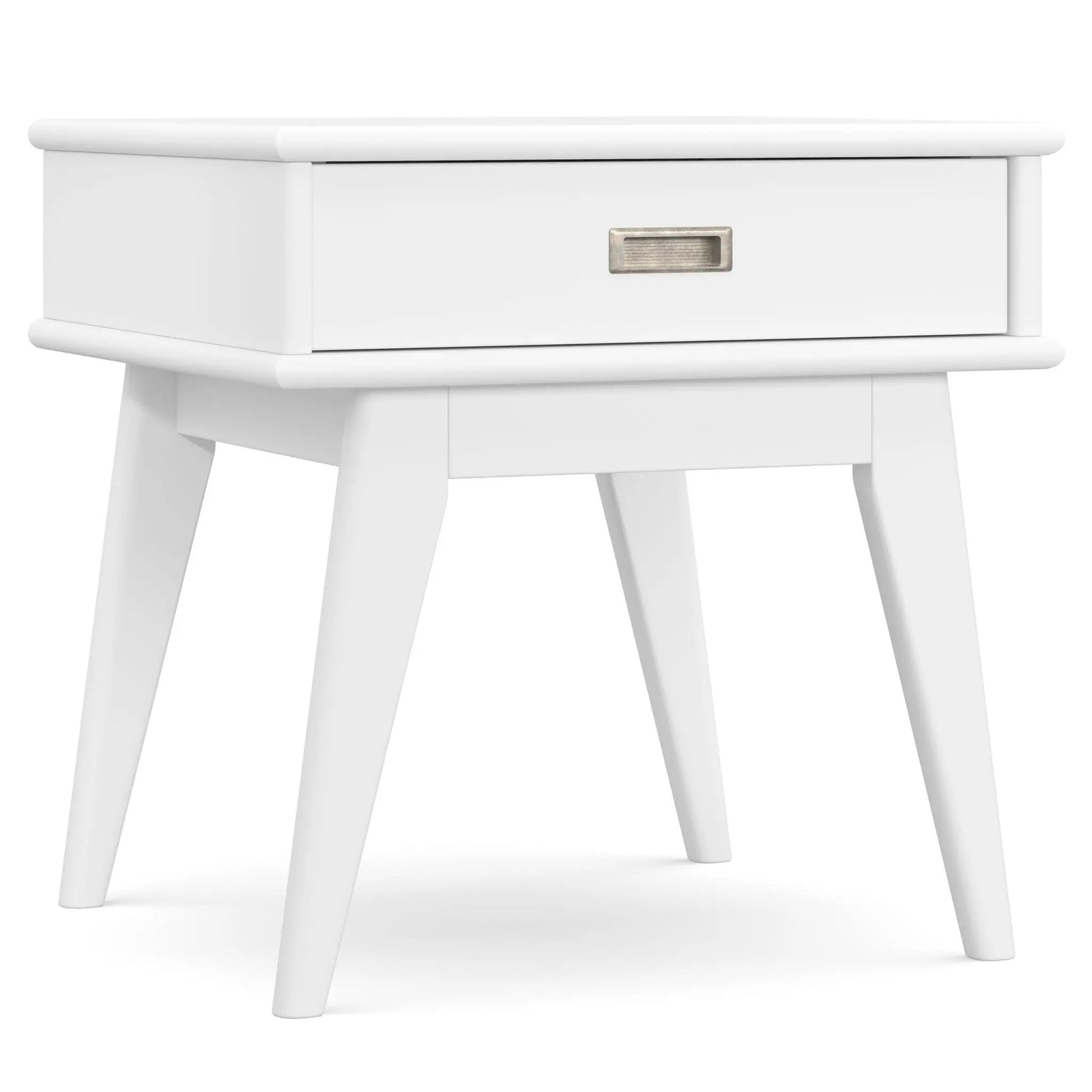 Draper Handcrafted Mid Century End Table with single drawer, white finish and metal pull on Tampa Home & Garden Store