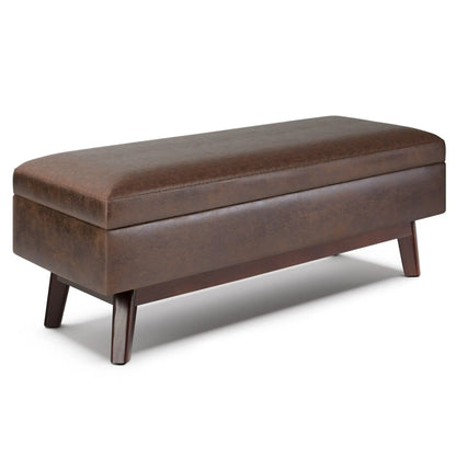 Owen upholstered rectangular storage ottoman in brown leather with tapered wood legs on Tampa Home & Garden Store