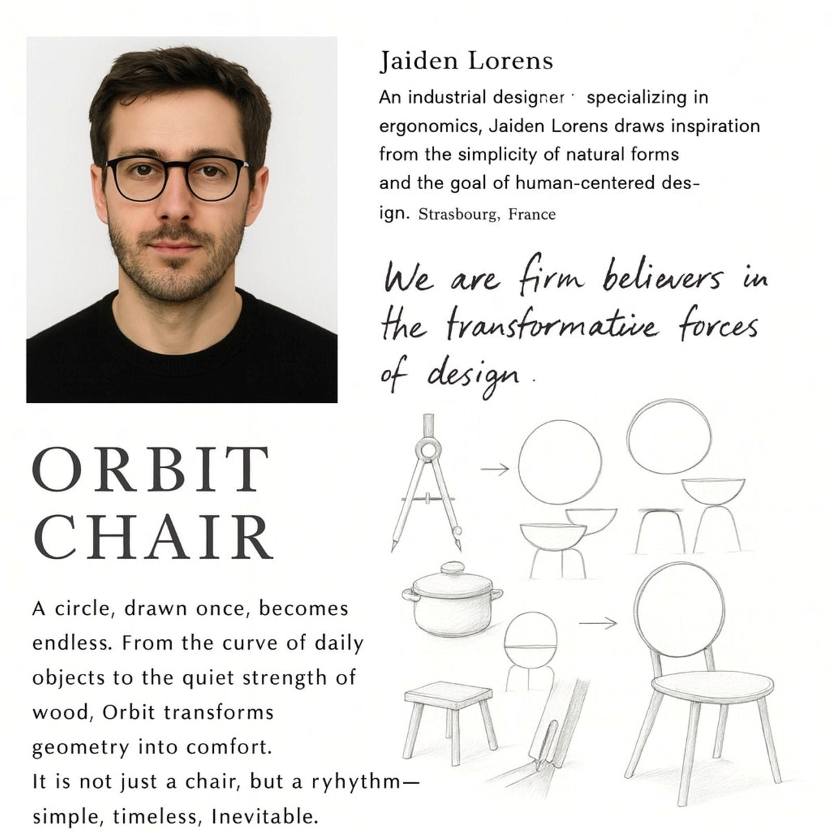 Orbit chair design collage with round table sketches and portrait, HouseOfZazla set concept on Tampa Home & Garden Store