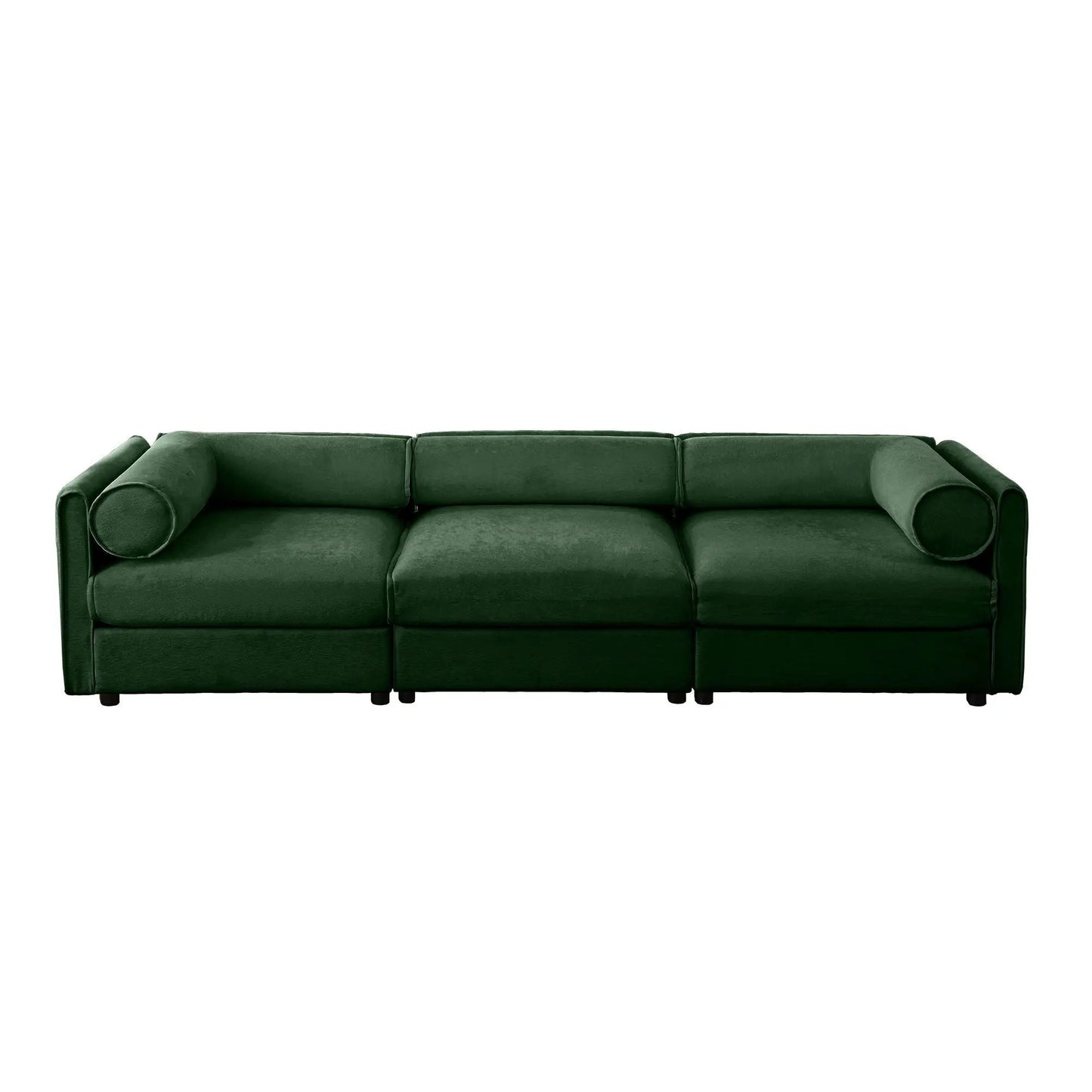 Green velvet sofa with three-seat cushions and cylindrical bolster pillows at ends on Tampa Home & Garden Store