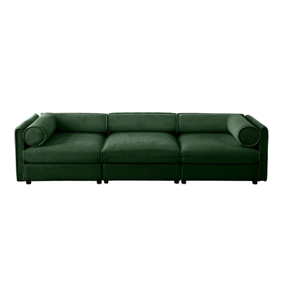 Green velvet sofa with three-seat cushions and cylindrical bolster pillows at ends on Tampa Home & Garden Store