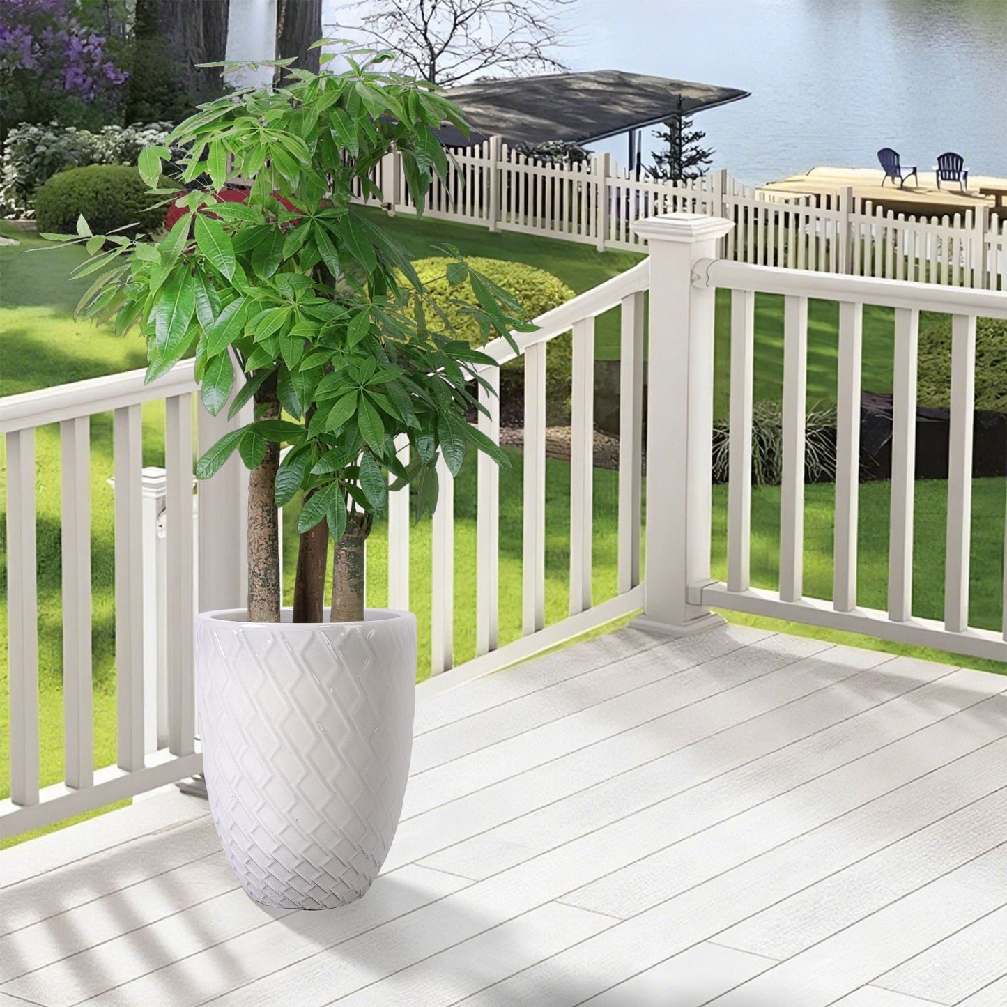 Ceramic planter with white diamond texture for patio or garden; supports a leafy plant on a deck on Tampa Home & Garden Store