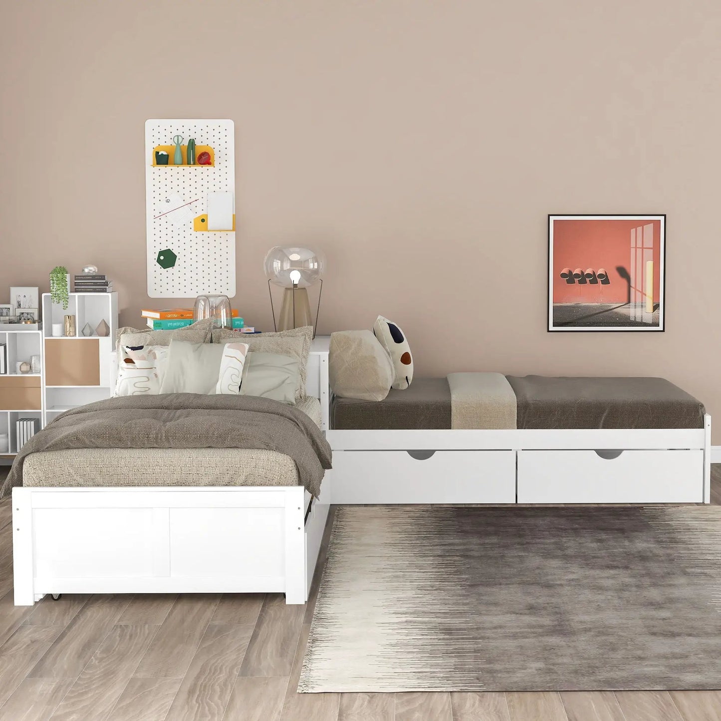 L-shaped white platform bed with built-in desk drawers and integrated trundle for twin beds on Tampa Home & Garden Store