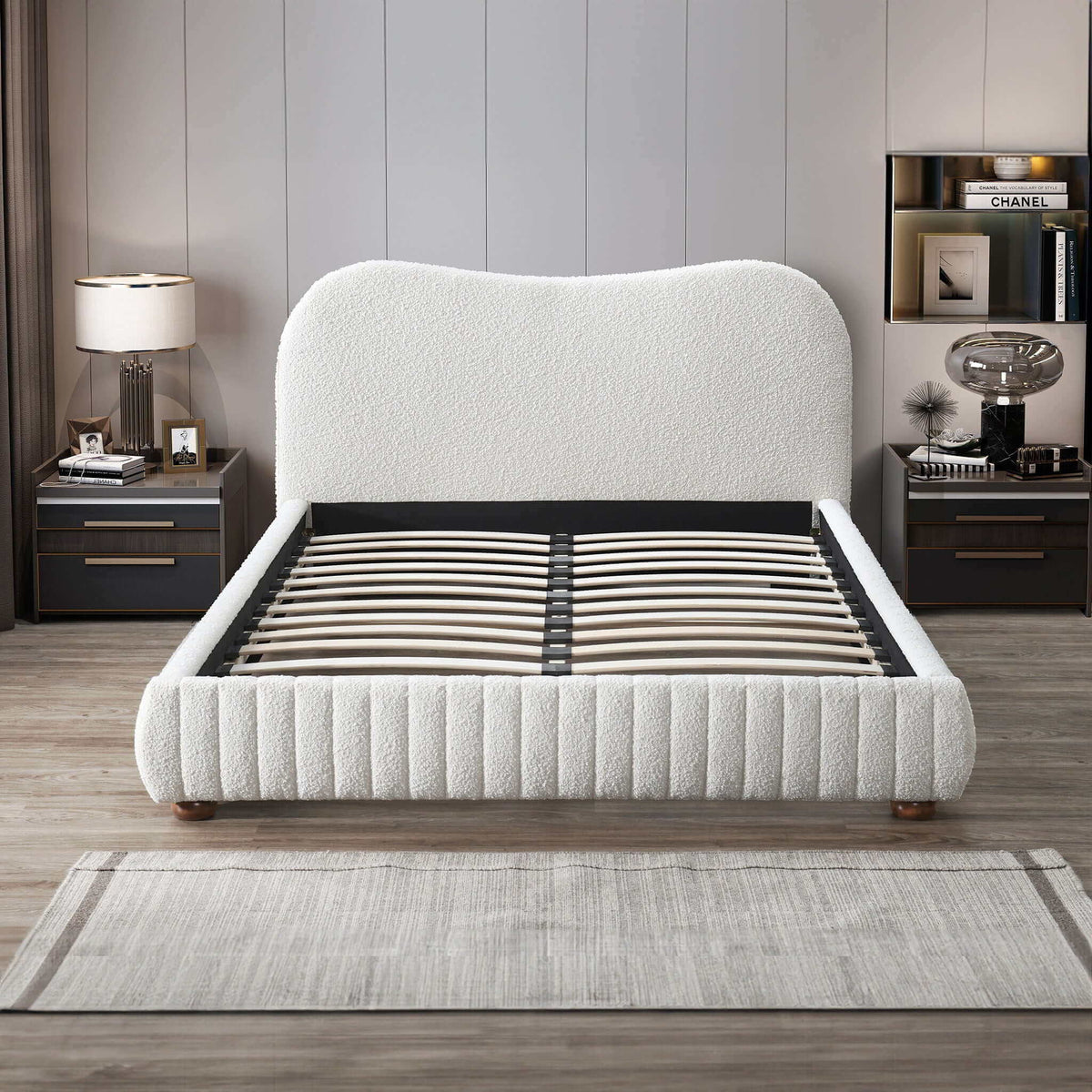 Norme cream upholstered low-profile queen platform bed with textured fabric and slats on Tampa Home & Garden Store