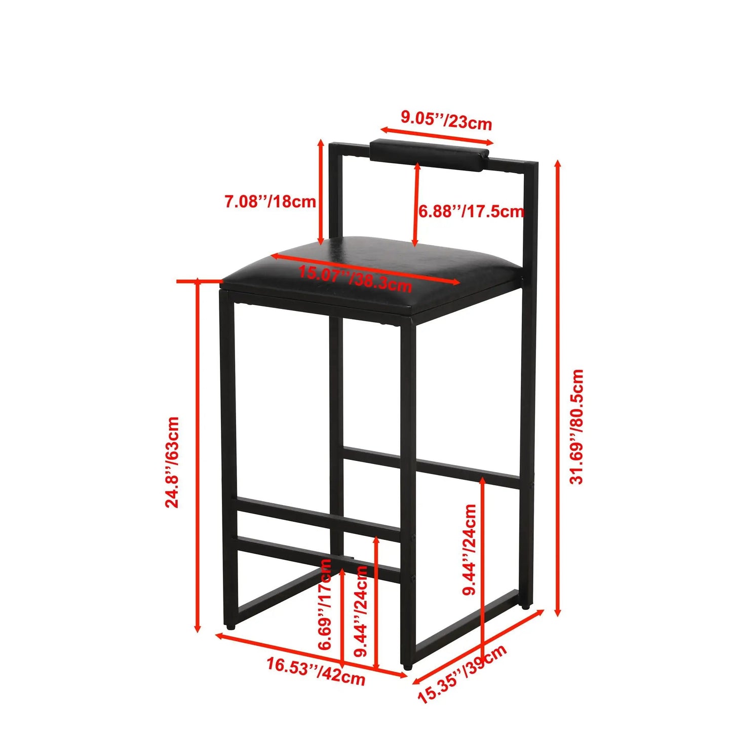 Elegant bar stool set with back and footrests, black metal frame, cushioned seats (set 2) on Tampa Home & Garden Store