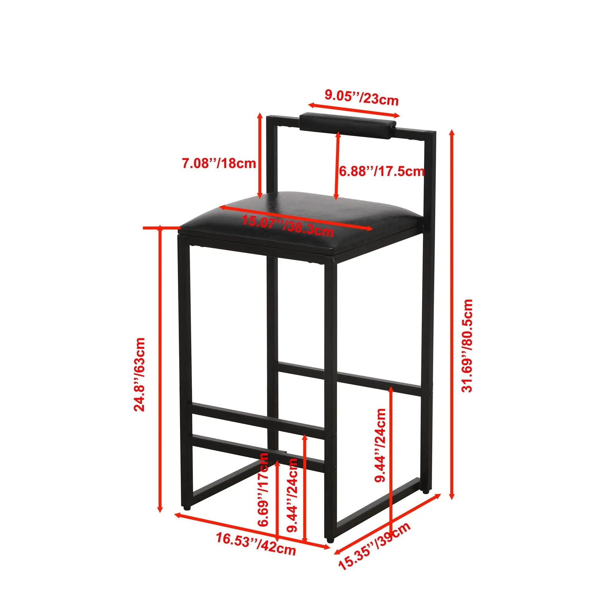Elegant bar stool set with back and footrests, black metal frame, cushioned seats (set 2) on Tampa Home & Garden Store