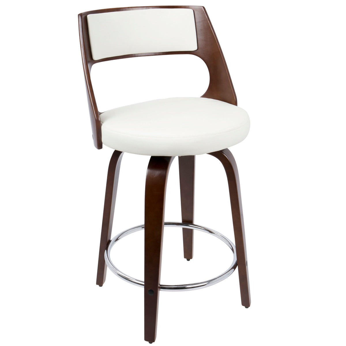Mid-Century Modern counter stool with swivel, white seat and back, dark brown wood frame on Tampa Home & Garden Store