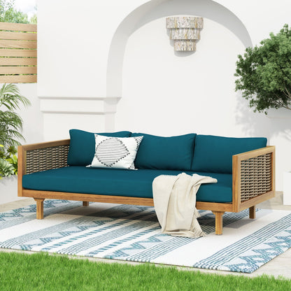 Claremont 3-seater daybed with teak acacia frame and teal water-resistant cushions on Tampa Home & Garden Store