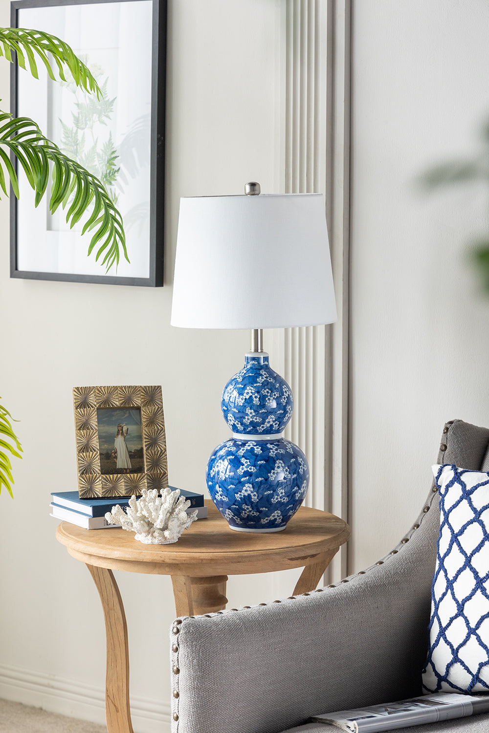 D13x25.7' Blue & White Round Two-Tiered Ceramic Vase Lamp with white shade by HouseOfZazla on Tampa Home & Garden Store