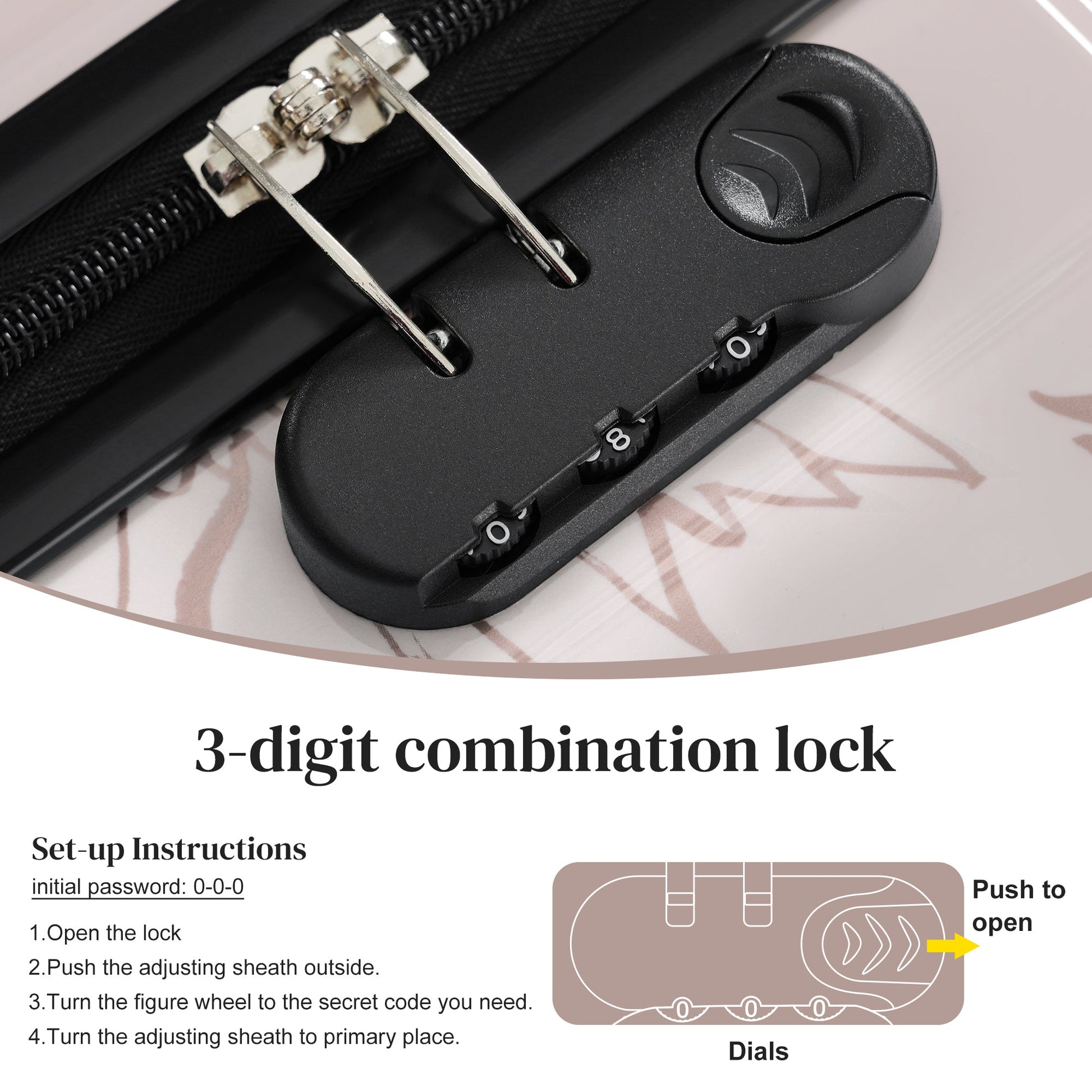 GigaTech 5-Piece PC+ABS Hardside Luggage Set close-up of black 3-digit combo lock on Tampa Home & Garden Store