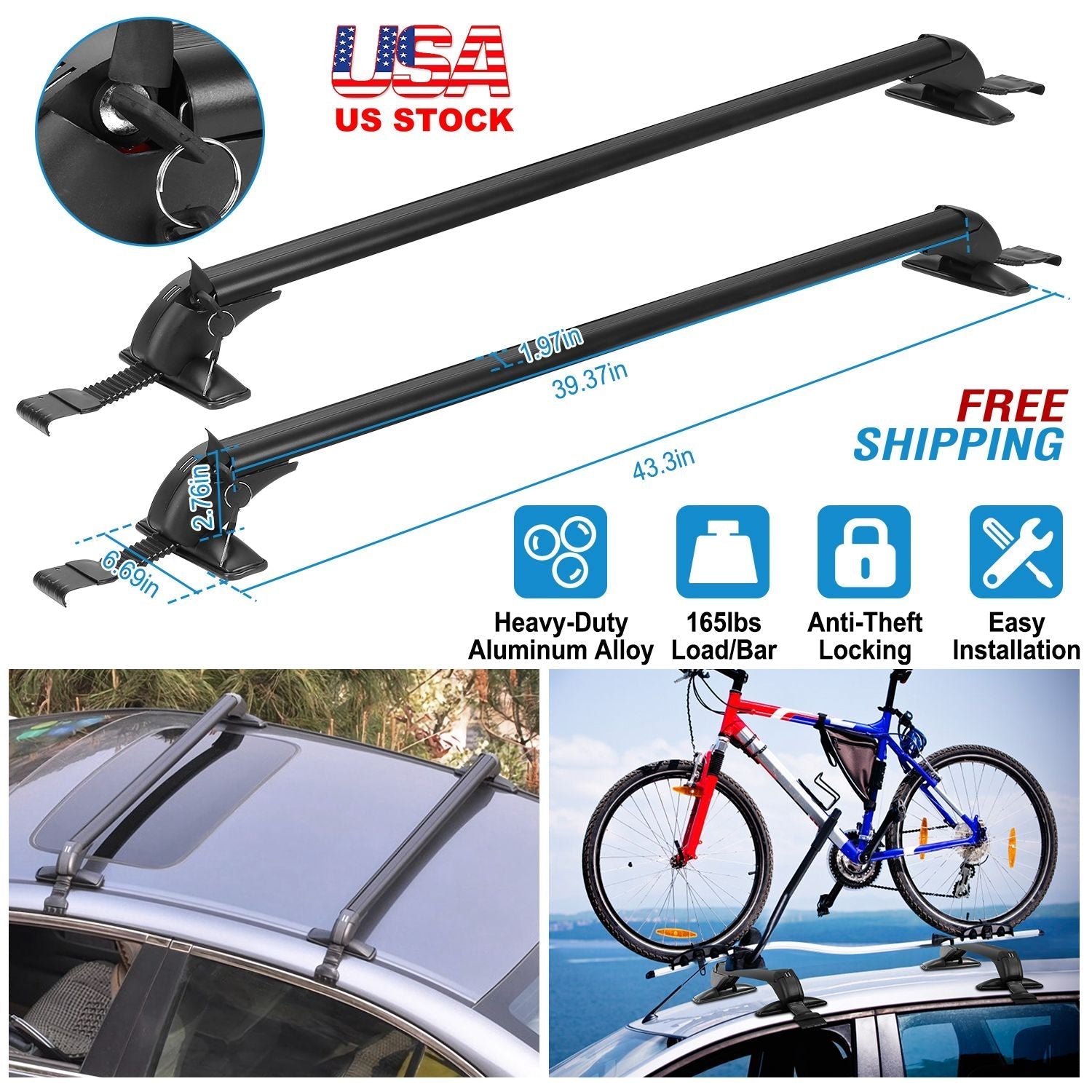 2PCS GemGear roof rack cross bars 43in with anti-theft locks and clamp feet for car roof on Tampa Home & Garden Store