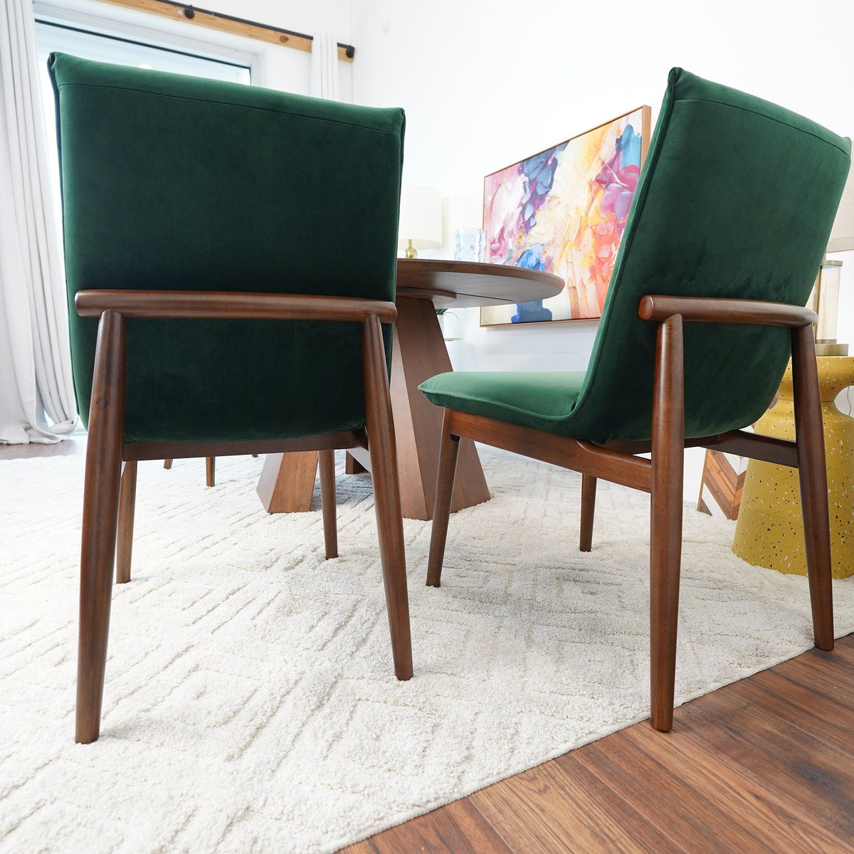 Monza Contemporary Dining Chair Set in dark green solid wood, 2 chairs around a round table on Tampa Home & Garden Store