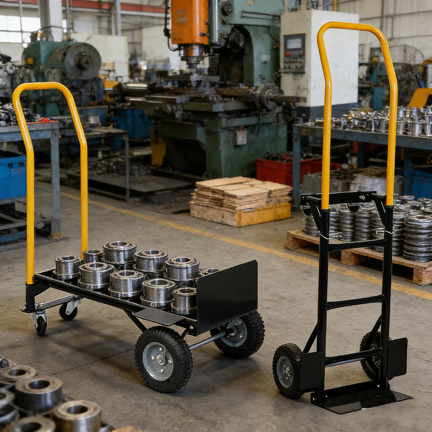 Two Heavy Duty Dual Purpose Hand Truck Dollies with yellow handles and black frames in workshop on Tampa Home & Garden Store