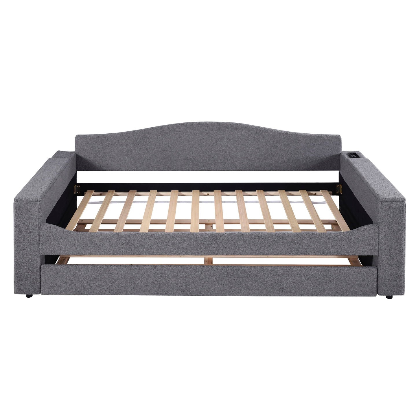 HouseOfZazla gray upholstered daybed with storage arms and slatted frame on Tampa Home & Garden Store