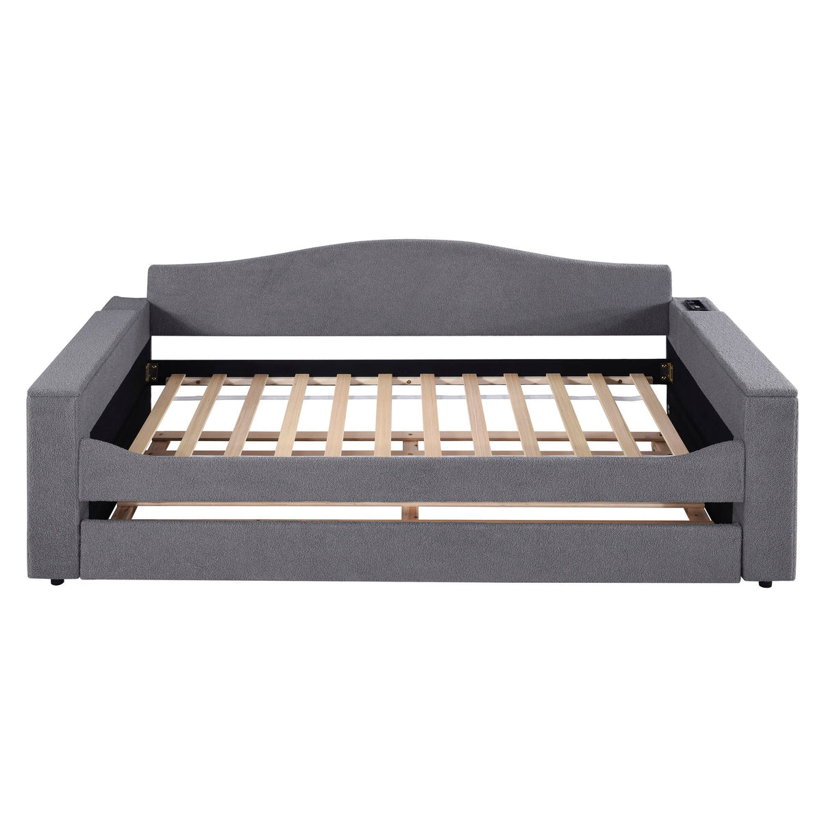 HouseOfZazla gray upholstered daybed with storage arms and slatted frame on Tampa Home & Garden Store