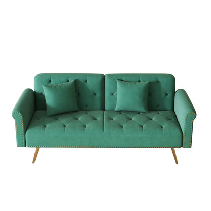 Luxurious futon sofa bed in teal with nail head trim and tufted cushions on Tampa Home & Garden Store