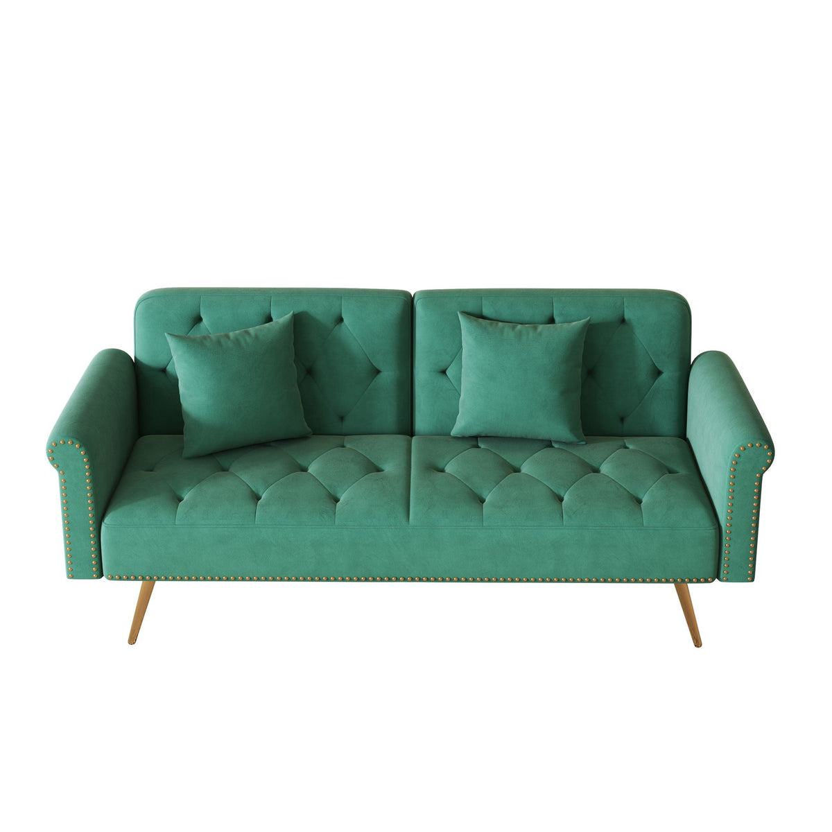 Velvet futon sofa bed in teal with nail head trim along arms, cushions, 2 matching pillows on Tampa Home & Garden Store