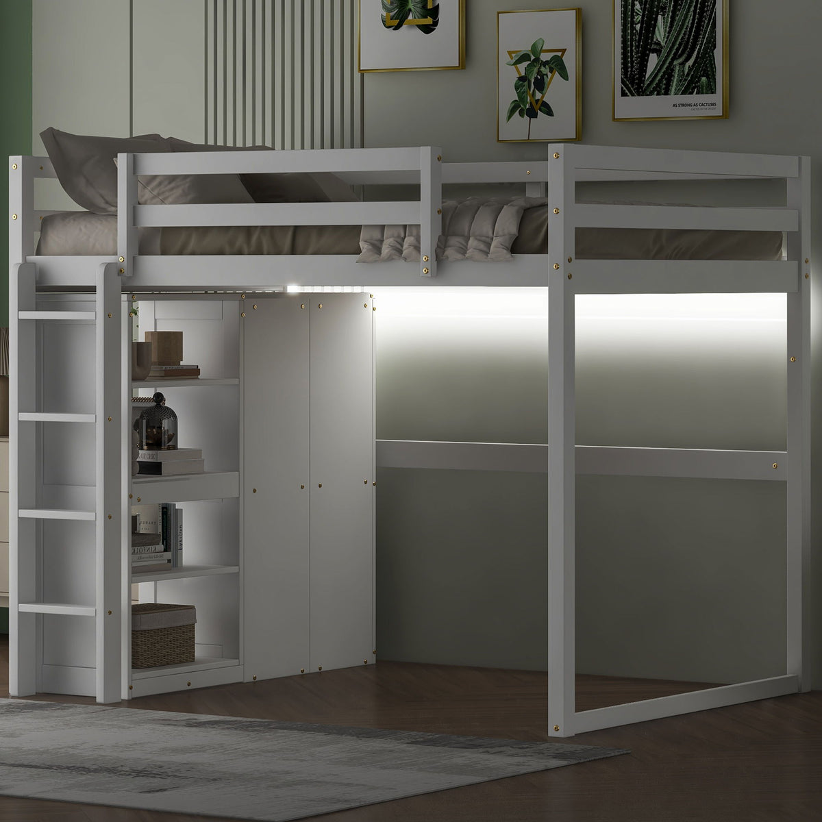 White loft bed with built-in wardrobe, storage shelves, and LED lighting on Tampa Home & Garden Store