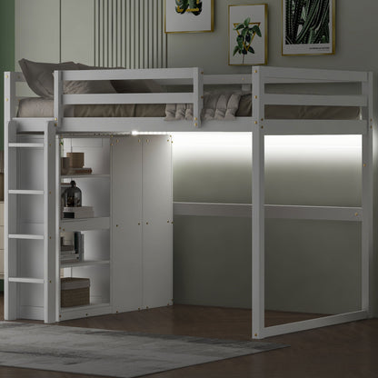 White loft bed with built-in wardrobe, storage shelves, and LED lighting on Tampa Home & Garden Store