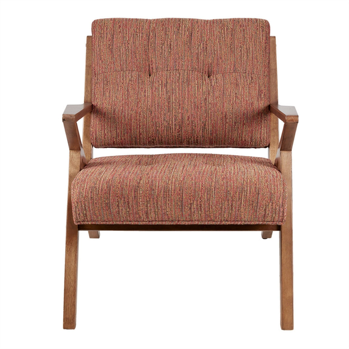 Lounge chair with tufted upholstery and wooden arms in red-orange by HouseOfZazla on Tampa Home & Garden Store