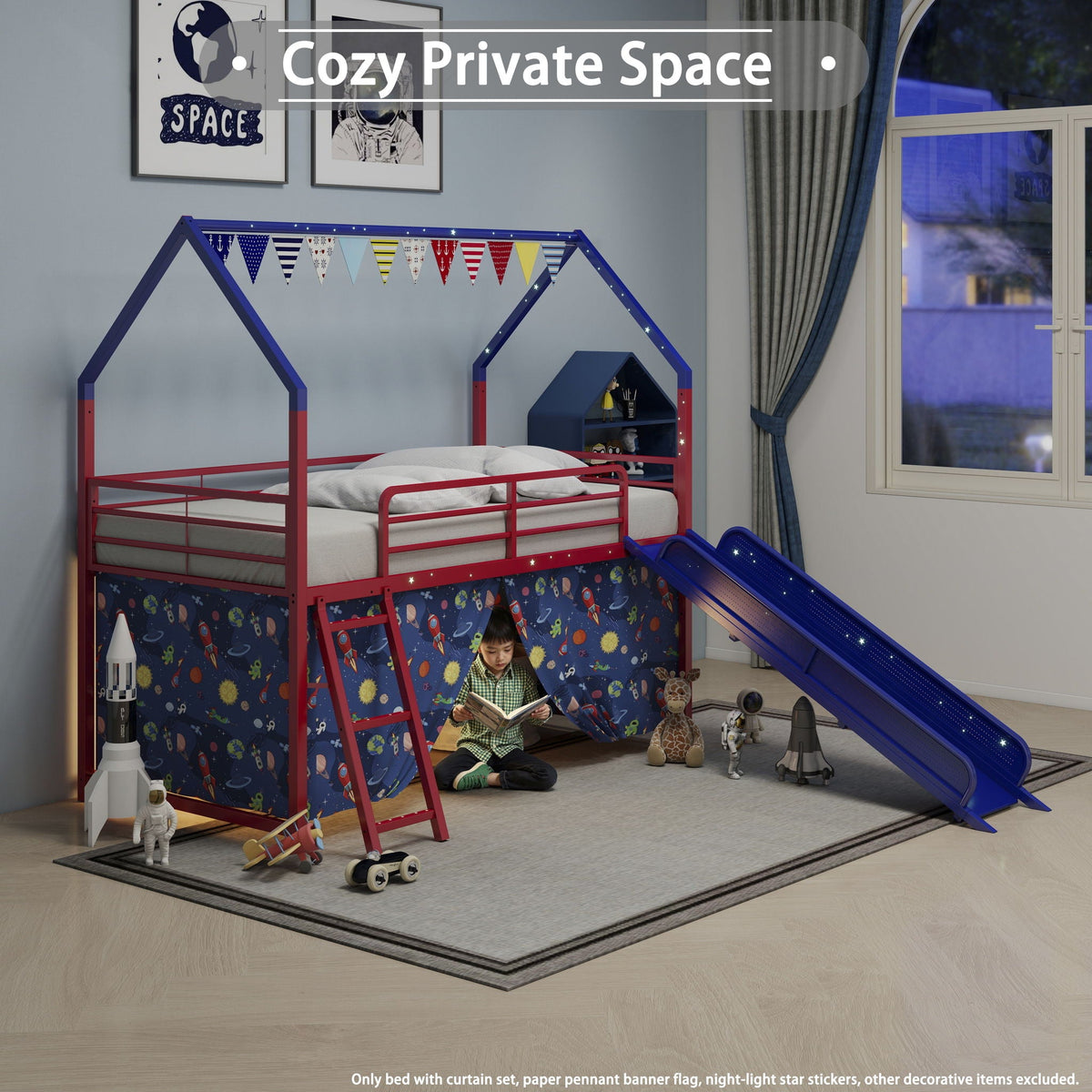 Jack Loft Bed With Slide Curtain Set blue red frame space panels HouseOfZazla on Tampa Home & Garden Store
