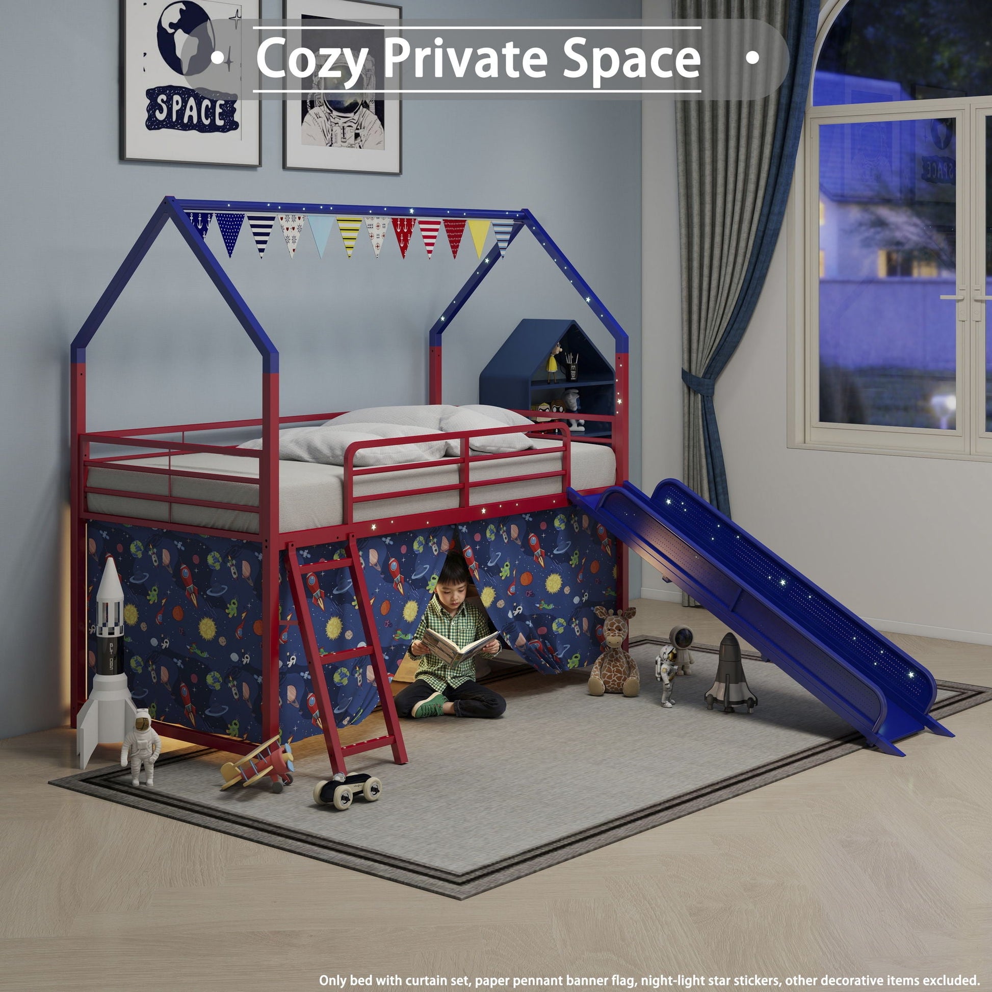 Jack Loft Bed With Slide Curtain Set blue red frame space panels HouseOfZazla on Tampa Home & Garden Store