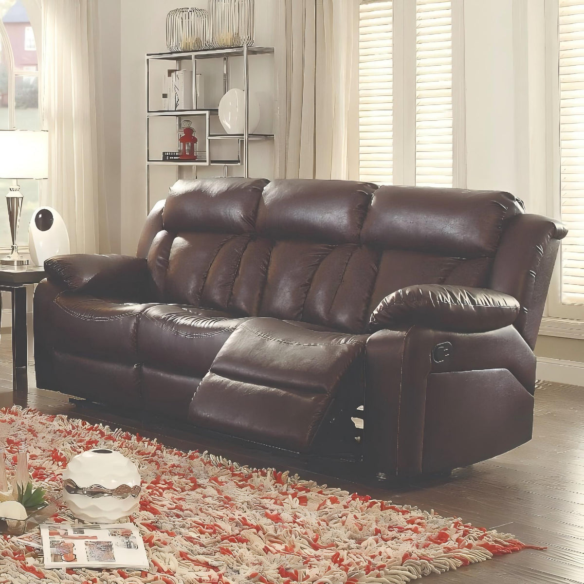 Cozy padded reclining loveseat in dark brown leather by HouseOfZazla in a modern living room on Tampa Home & Garden Store